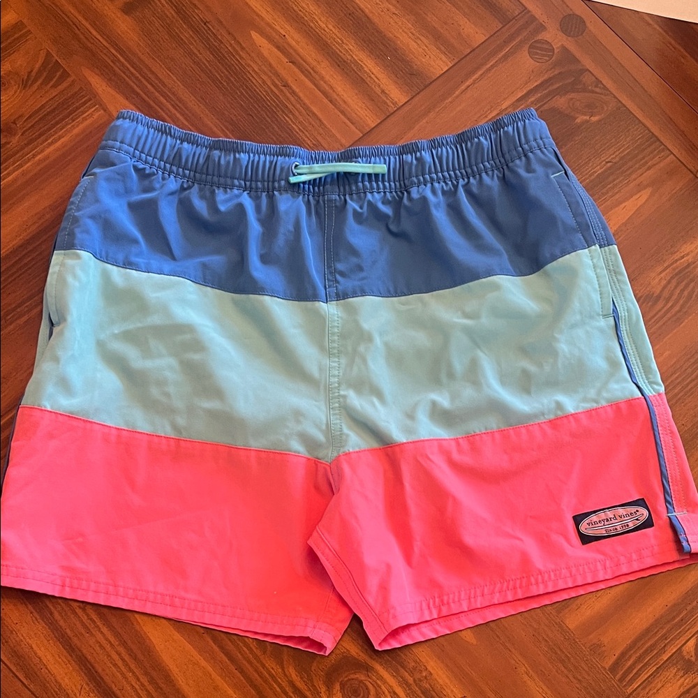 Vineyard Vines Kids Colorblock Swim Trunks in Blue, Mint, Coral